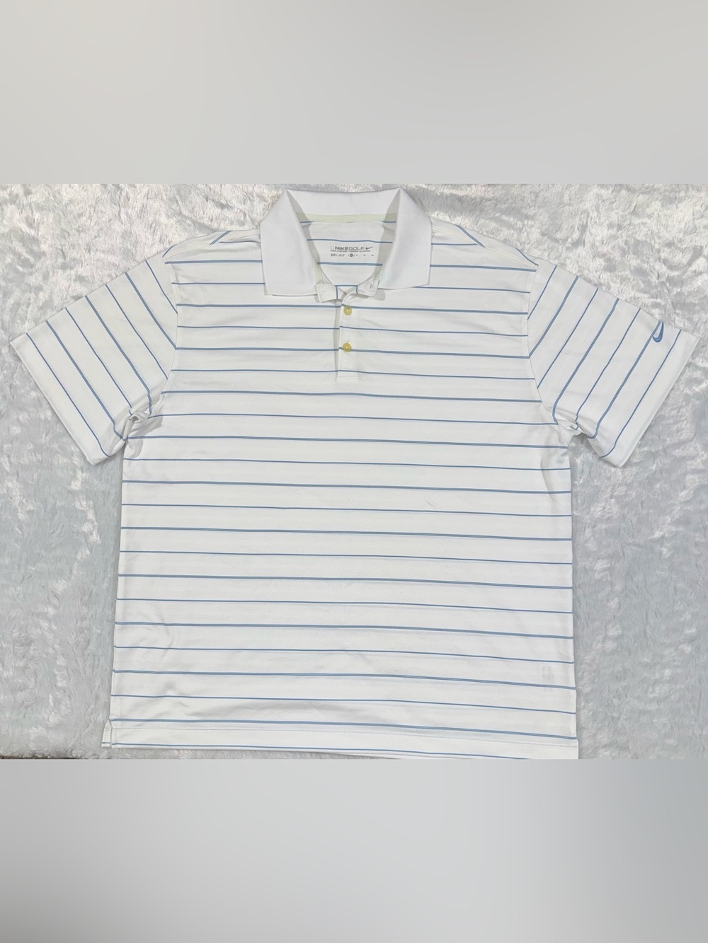 Nike White Mens Golf Polo with Light Blue Stripes